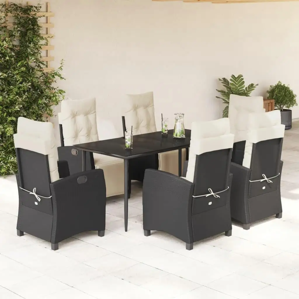 7-Piece Black Poly Rattan Patio Dining Set with Cushions - Stylish Outdoor Furniture Set