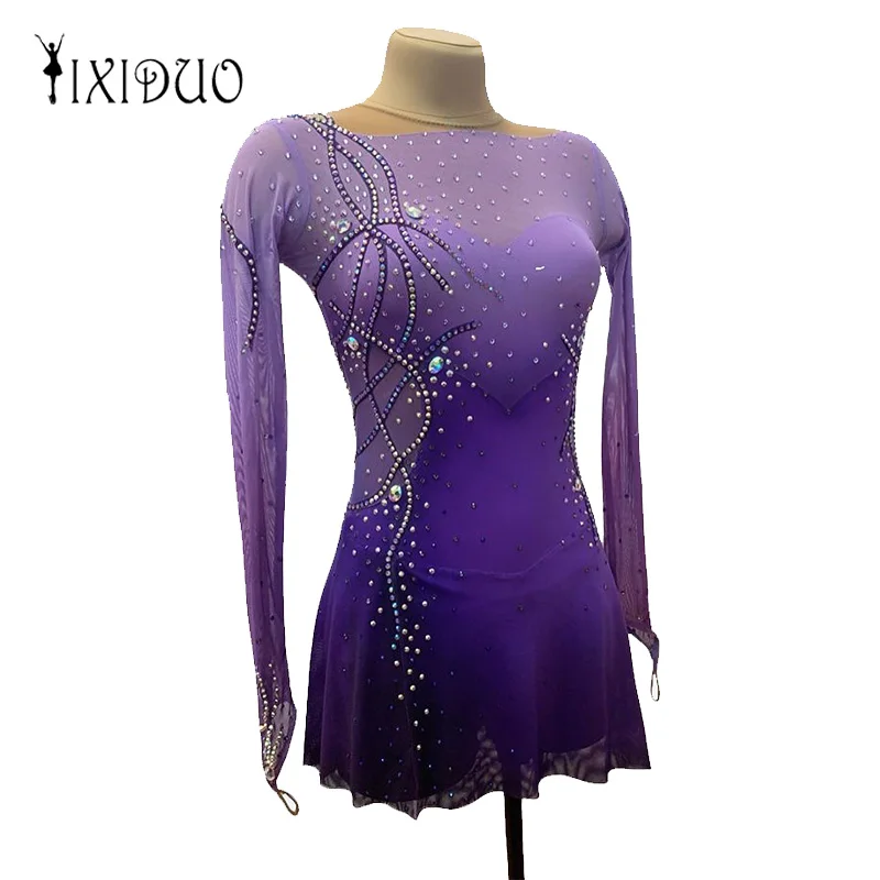 Girls Figure Skating Dress Professional Competition Ice Skating Skirt Women Kids Purple Long Sleeve Spandex Handmade Rhinestones