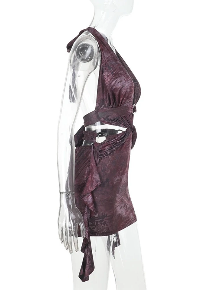 Foamlina feminino impresso halter mini vestido y2k clubwear verão moda profundo decote em v sem mangas sem costas recorte magro vestido de festa