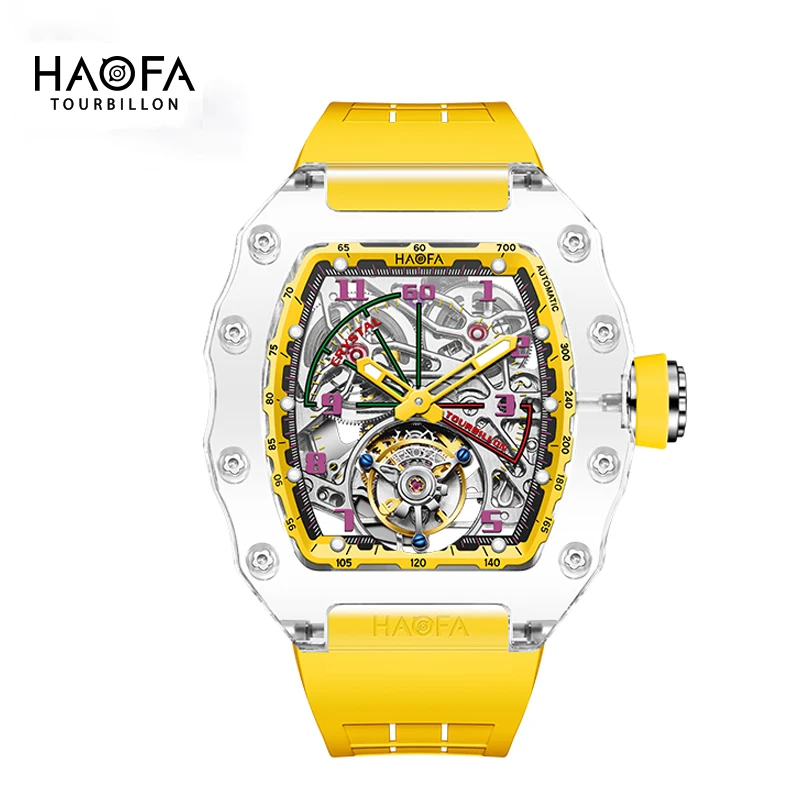 

Haofa Роскошные прозрачные часы с летающим турбийоном для мужчин, водонепроницаемые автоматические механические часы со светящимися кристаллами 2210