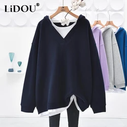 Spring Autumn Oversize Women's Clothing V-neck Long Sleeve Fake Two Pieces Pullovers Korean Casual Mid-length Motion T-shirt