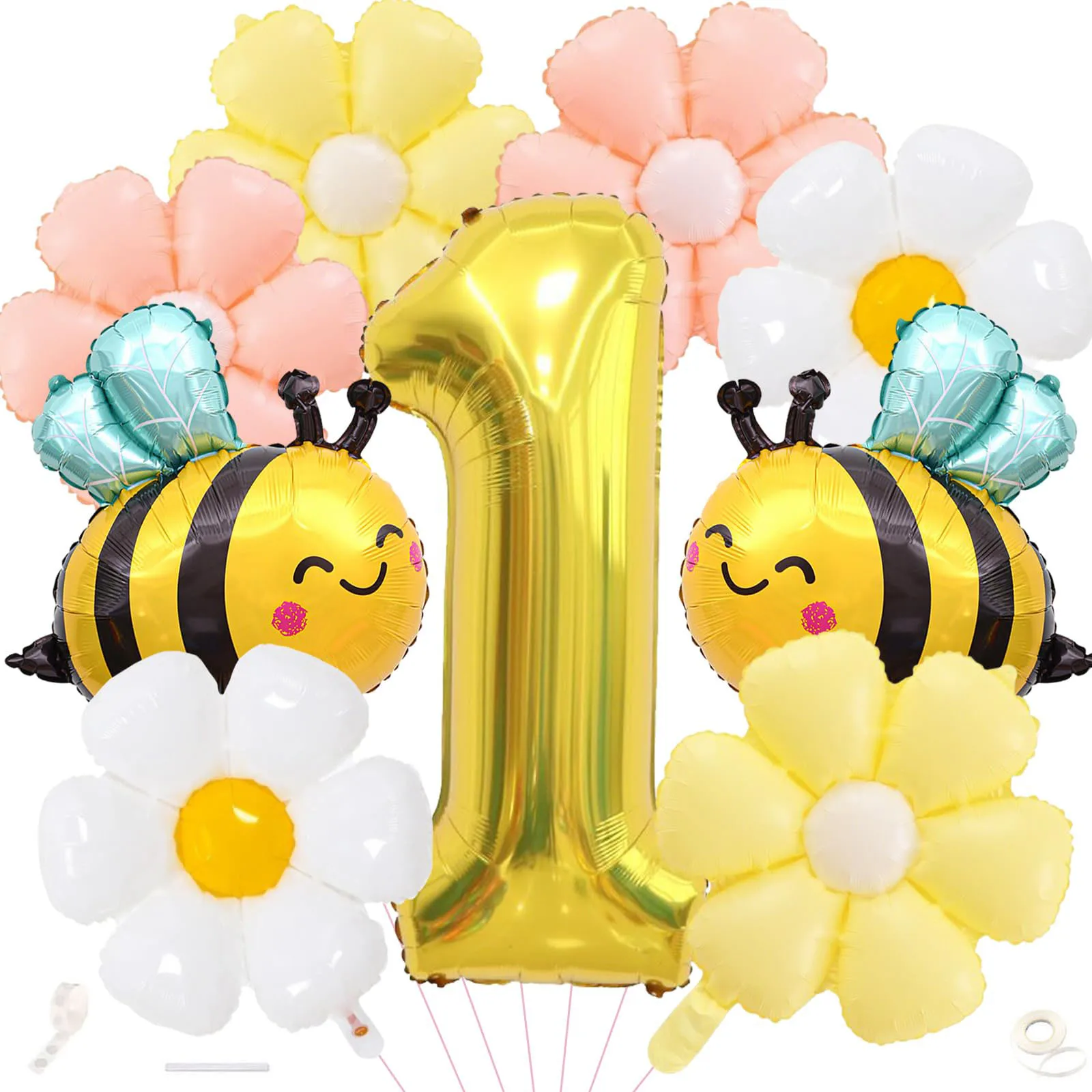 9-teiliges Set: 40-Zoll-Zahlen-, Bienen- und Blumen-Folienballons – Wiederverwendbare Dekorationen für Geburtstage und Jubiläen