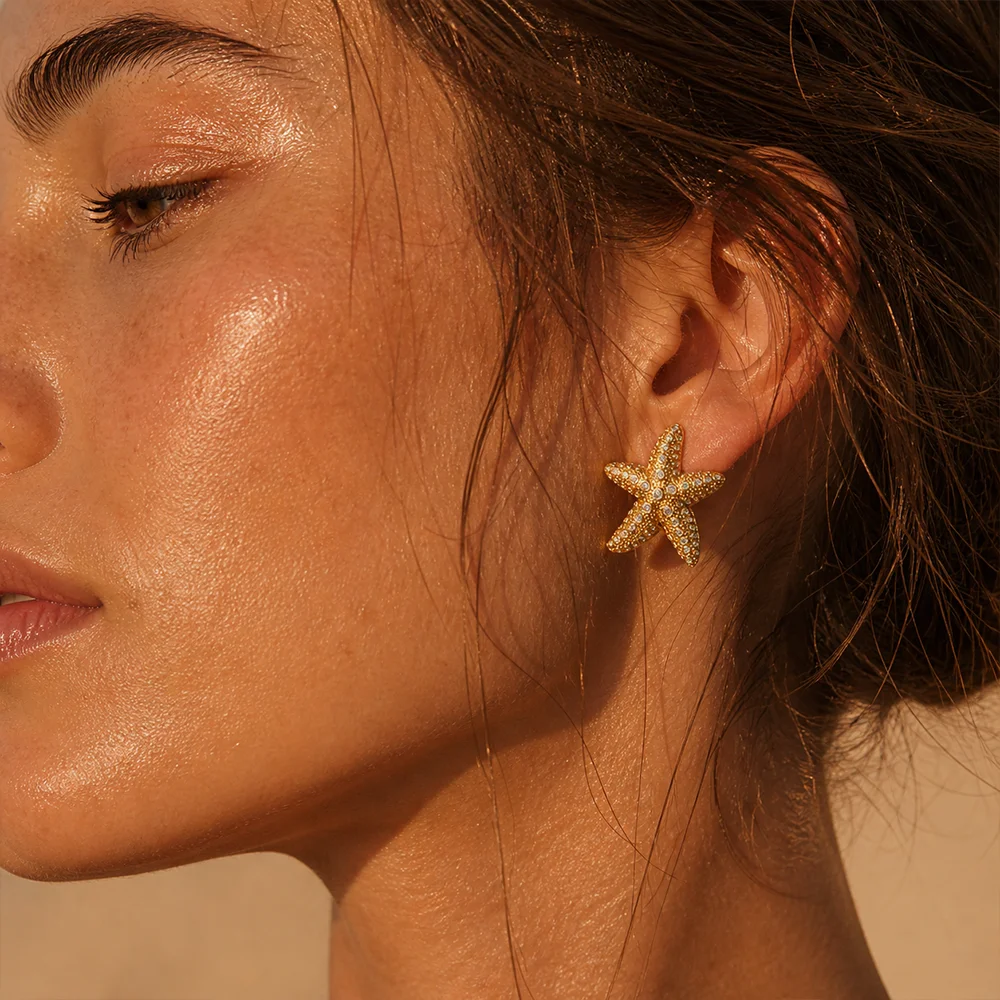 

Fashion Zircon Gold Color Textured Starfish Stainless Steel Stud Earrings Fashion Gold Plated Earring Summer Beach Jewelry