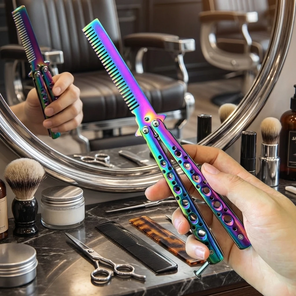 Multicolor stainless steel butterfly comb, folding training beard comb, barber shop styling tool, men's CSG practice comb tool