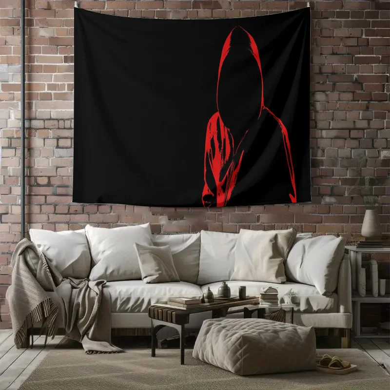 Red Hooded Figure Silhouette on Black Background Mysterious Gothic  Wall Tapestry Machine Washable All Season Decor Print Home
