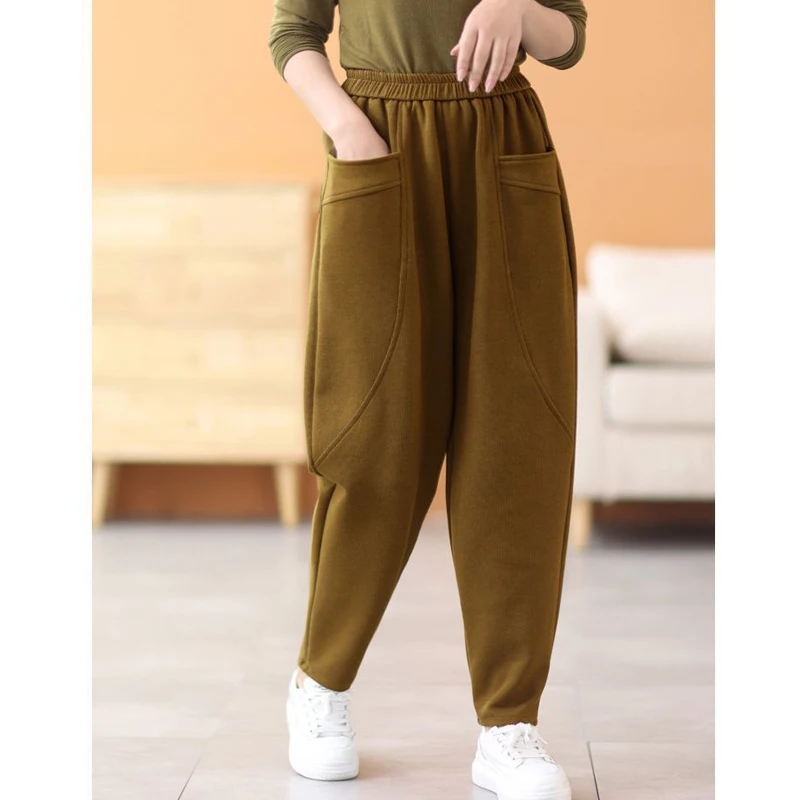 Winter Women Casual Streetwear Vintage Harajuku Fleece Warm Baggy Harem Pants Y2K Female Solid Pockets Loose Sweatpants Pantalon