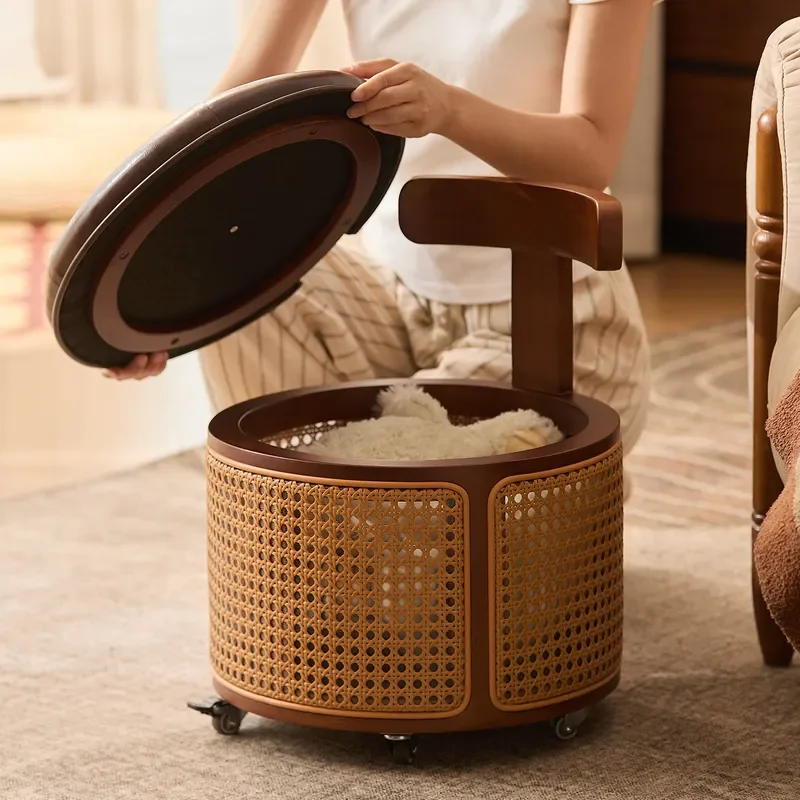 Universal wheel small stool household living room low stool solid wood backrest small chair mobile seat stool rattan high-end