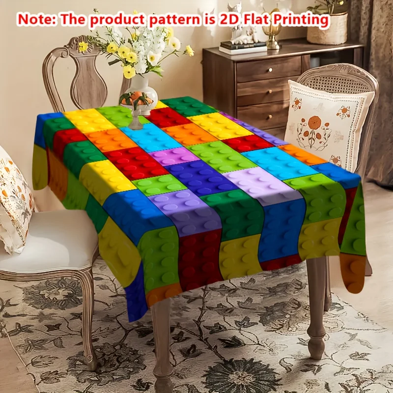 1Pc Colorful Building Blocks Pattern Tablecloth Rainbow Brick Print Table Cover For Dining Room Kitchen Decor Rectang
