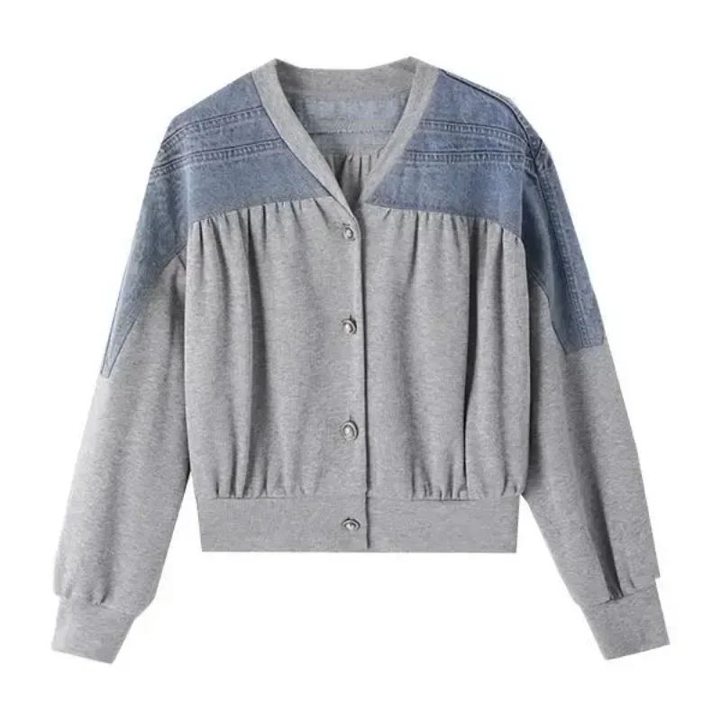 Short Grey Bomber Crop Outerwears Women\'s Denim Jackets Spring Autumn Patchwork Small Female Jeans Coat Deals Streetwear on Sale