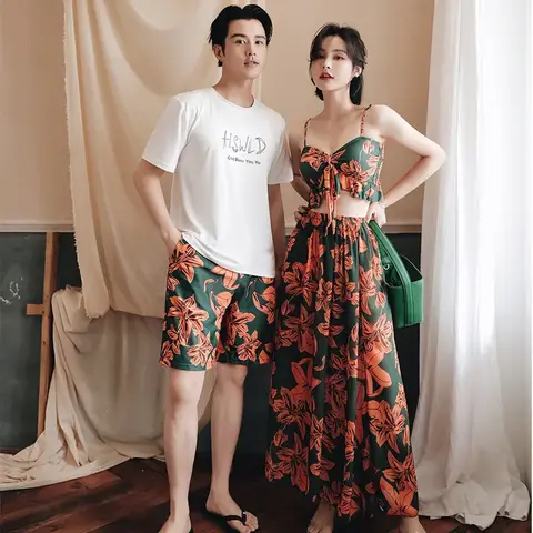 Nouveau Couple maillots de bain pantalons de plage femmes trois pièces jupe Style Bikini séparé tenues de vacances maillots de bain pour hommes maillots de bain pour femmes