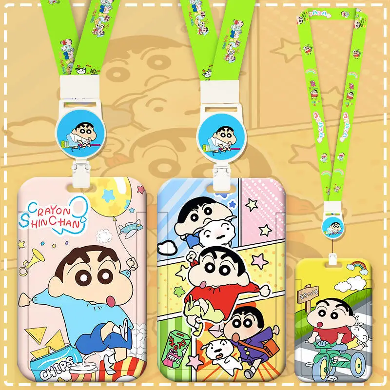 Kawaii Crayon Shinchans Card Holder with Lanyard Cartoon Student Id Badge Case Portable Bus Pass Work Name Tag Protective Cover