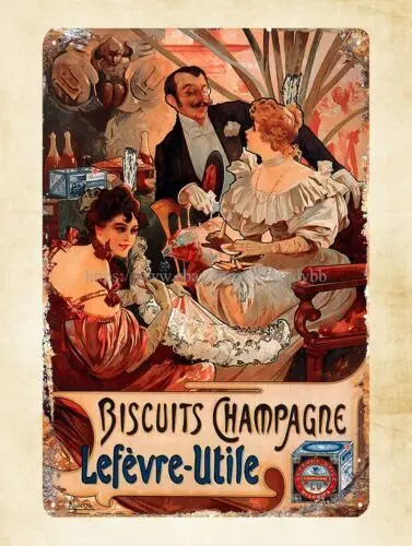 Biscuits Champagne Lefevre Utile 1986 lphonse Mucha.Art Nouveau metal tin sign