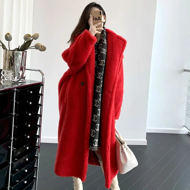 Teddy Bear Coat Geranium Red Teddy Alpaca Fur Profile Long Coat Woman Radiant Fashion Embark on a journey of sartorial splendor