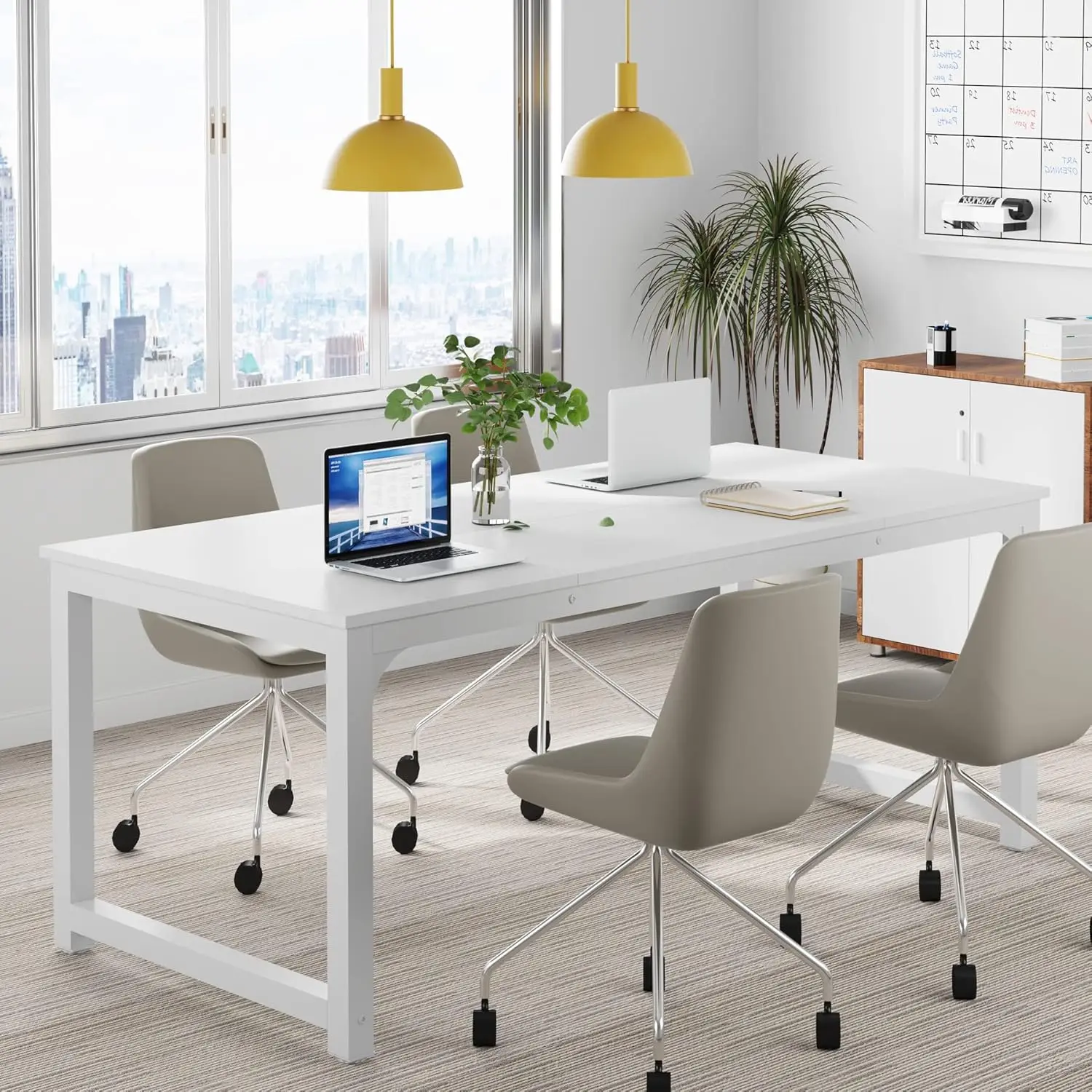^&Modern Ergonomic Computer Desk 63x31.5 Inch Engineered Wood Executive Study Writing Workstation Home Office White