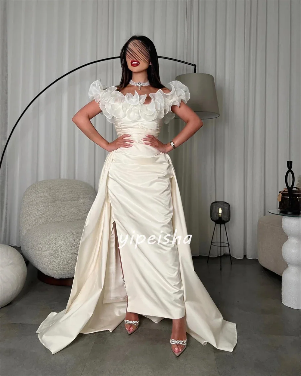 Jersey Ruched Wedding Party A-line Off-the-shoulder Bespoke Occasion Gown Long Dresses