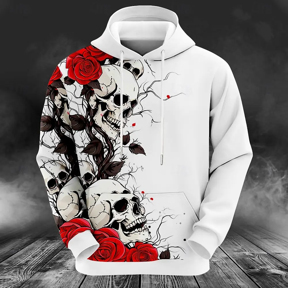 Funny 3D Rose Skull Print Hoodies For Men Autumn and Winter Long Sleeved Sweatshirts Fashion Street Clothes Oversized Hoodie Top