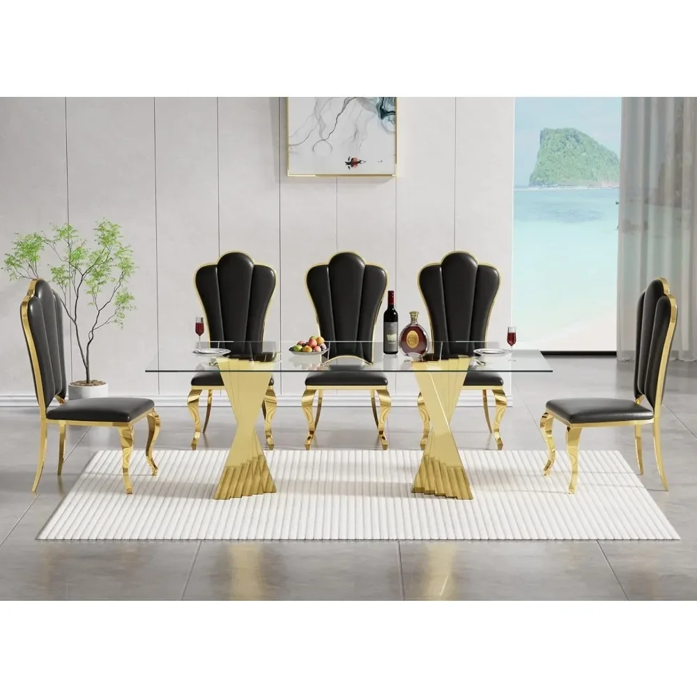 Mesa de jantar de vidro de 70 polegadas para 6-8 pessoas mesa de jantar retangular com base de aço inoxidável espelhada dourada