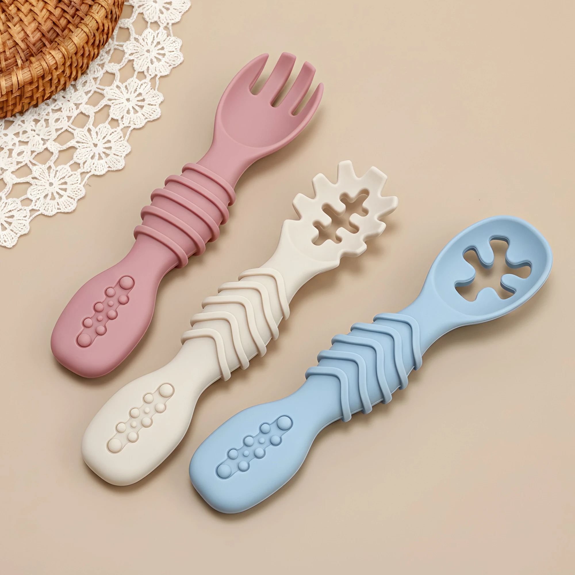 2pcs Baby Feeding Tableware Set, Wavy Texture, Anti-Slip Easy-Grip, Baby-Oriented Design, Great Baby Shower Gift