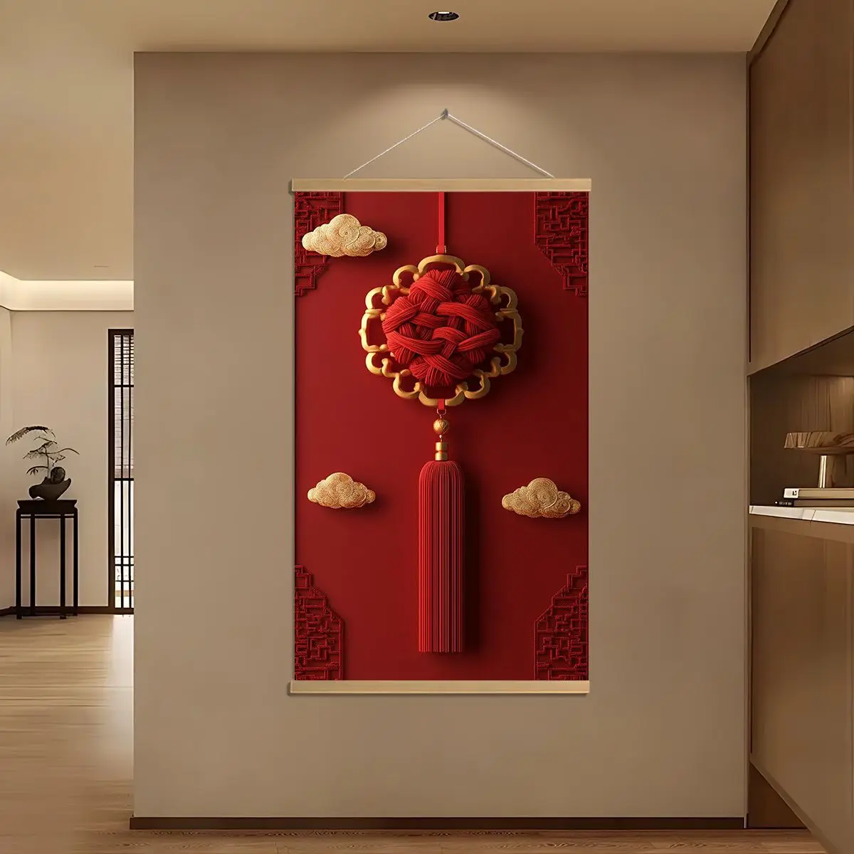 Chinese Knot Red Gold 3D Tassel Hanging Ornament Auspicious Cloud Spring Festival Wall Art Decor For Home Entrance
