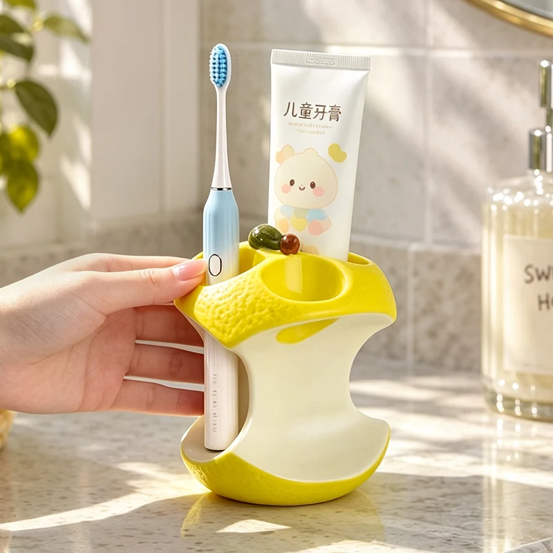 Cute Bitten Lemon Ceramic Toothbrush Holder Multi-Hole Toothpaste Rack Drainage Base Bathroom Vanity Organizer Home Decor Gift