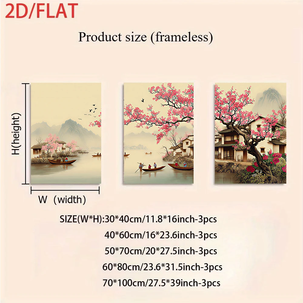 (3PCS Unframe)One set of frameless Chinese landscape triptych, featuring a 2D depiction of a Jiangnan water town.