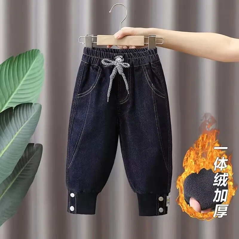 Autumn and Winter Boys' Jeans Plush Thickened Children's Pants New Casual Leggings Fashionable Baby Pants