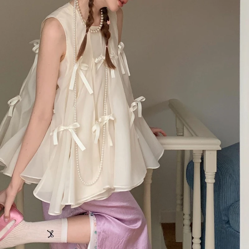 ชุดเดรสโบว์ดีไซน์หวานๆ 2025 ฤดูร้อนเสื้อยืดแขนกุดปุยหวานน่ารัก