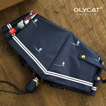 Olycat Women Automatic Umbrella Sunscreen Sailboat Style Three Folding Umbrella Rain Women Aluminum Windproof 8K Navy Paraguas