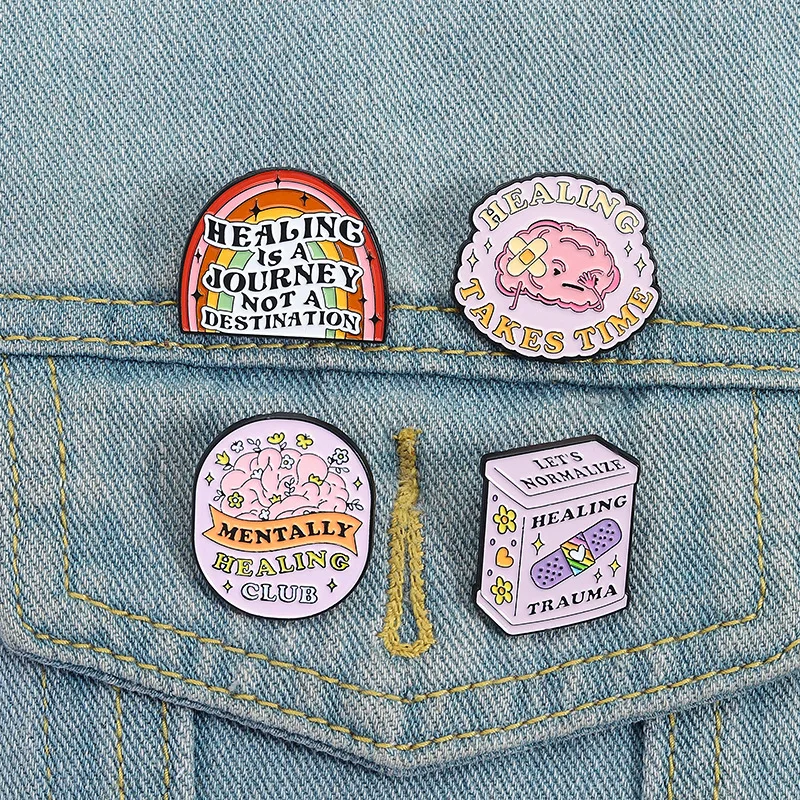 Mental Health Healing Enamel Pins Set 4Pcs Trauma Self‑Care Brooches Positive Mental Wellness Lapel Badges Gift