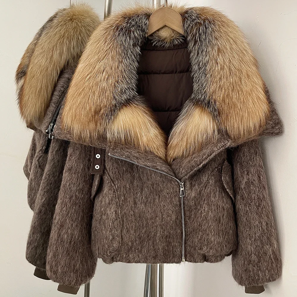 OFTBUY Luxury Real Fur Duck Down Clothes Overszie Women Wool Blend Down Jacket with Real Fox Fur Collar New Winter Warm Coat