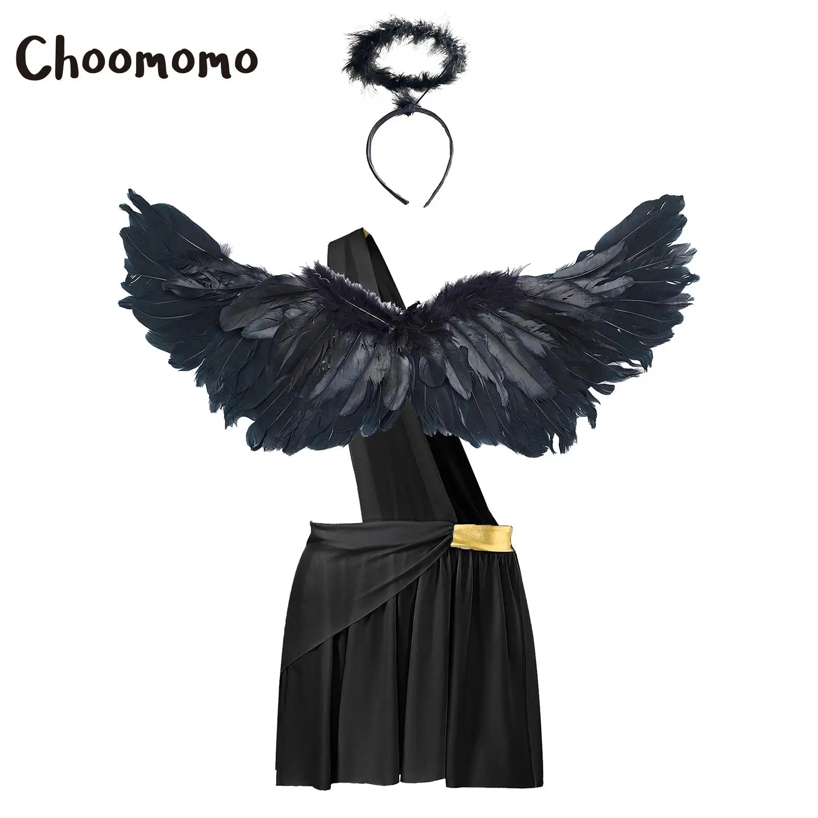 

Men Ancient Greek God Costume One Shoulder Strap Skirt with Feather Angel Wing Hair Hoop Halloween Cosplay Knight Warrior Outf