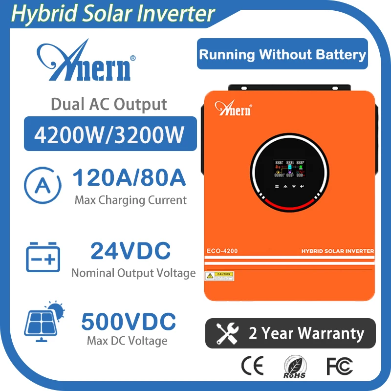 

Anern Solar Inverter 4.2KW 3KW MPPT 120A 400VDC PV Input 230VAC 12V/24V Dual AC Output Pure Sine Wave Hybrid Inverter With WiFI