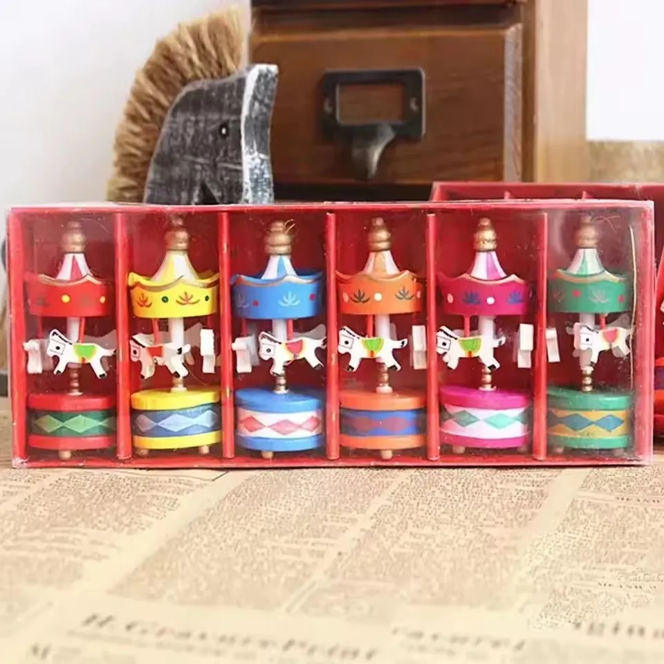 6pcs/box Christmas Decoration Wood Carousel Horse Ornaments Mini Wooden Xmas Children Gift Toys New Year Christmas Gifts