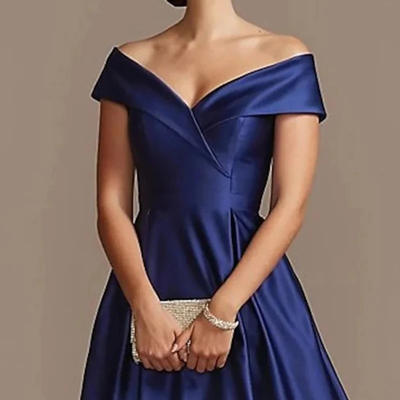 Royal Blue Off the Shoulder Satin Evening Dress High - Low Hem Elegant Gown for Wedding Party Dress A-line Formal Dress