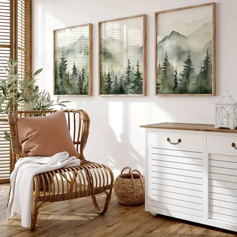 

3pcs/Set Watercolor Sage Green Mountain Poster Pine Forest Painting Abstract Modern Simple Landscape Decoration Mountain Scenes