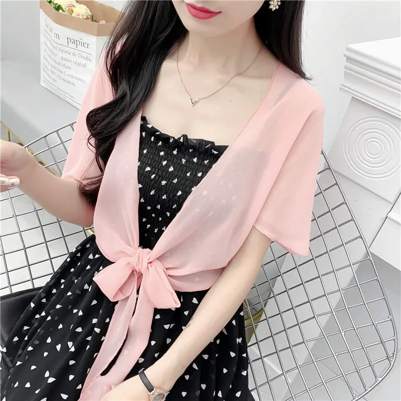 Korean Solid Chiffon Transparent Sunscreen Shawl Women\'s Summer Air Conditioning Blouses Bow Neck Guard Cloak Sun Silk Scarf R17