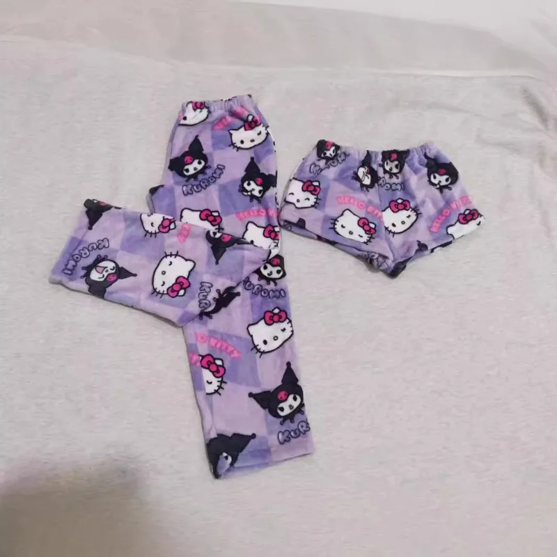 Korean Kuromi Casual Sports Shorts Flannel Cartoon HelloKitty Women Spring Autumn New Item Elastic Waist Sleeping Wide Leg Pants