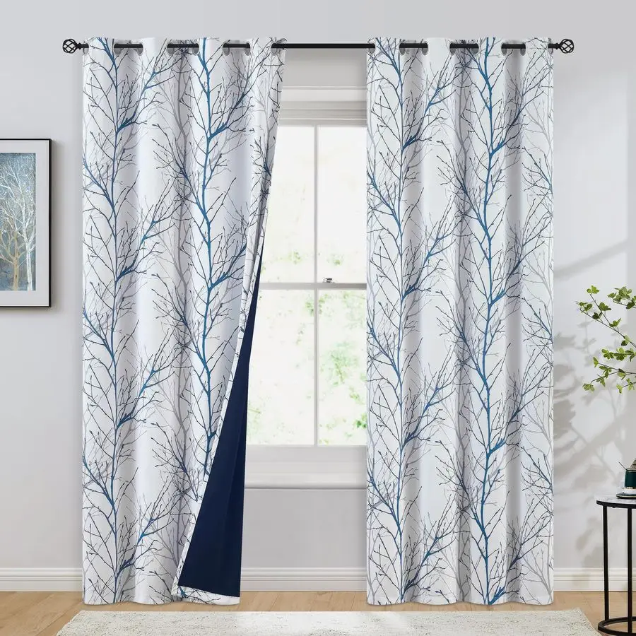 

100 Blackout Curtains for Bedroom, Blue White Tree Curtains 84 Inches Long for Living Room, Grey Farmhouse Room Darkening Window