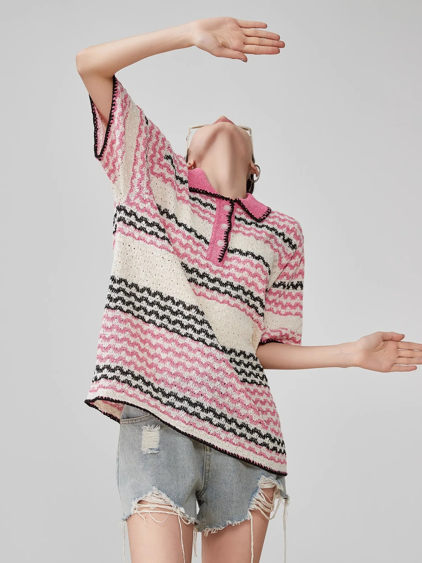 

Pink Texture Striped Knitwear Loose Korean Design Collar ort Sve T-irt Women's Faion Spring Polyester Fiber