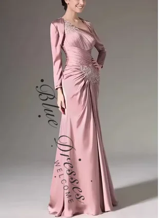 

customized Elegant One Shoulder Prom Dress Satin Pleated Floor length Detachable Jacket Mother Dress Formal Party Evening Dress