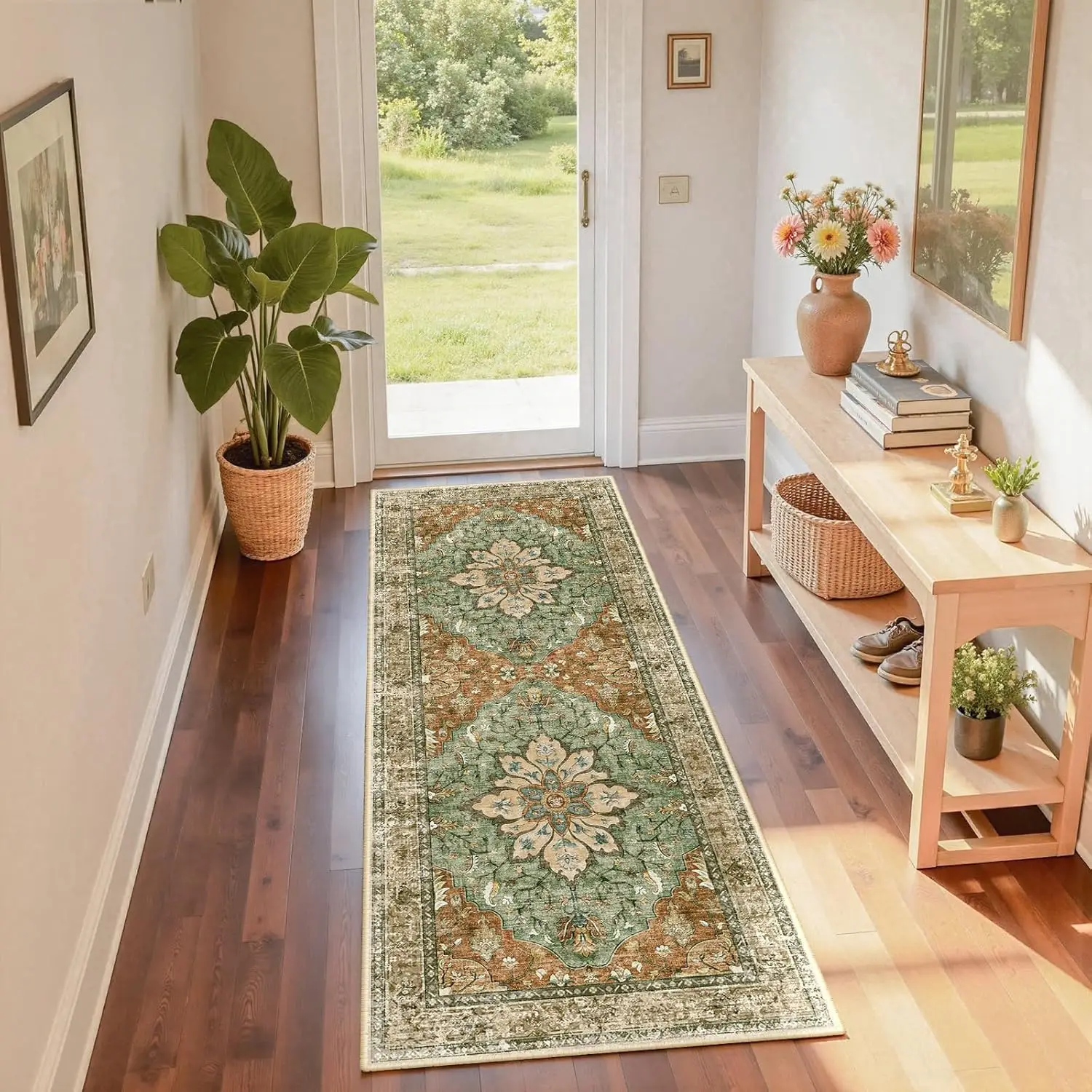 

2'x6' Non-Slip Washable Runner Rug for Kitchen, Hallway, Bedroom - Brick Red Rust Brown Orange Green
