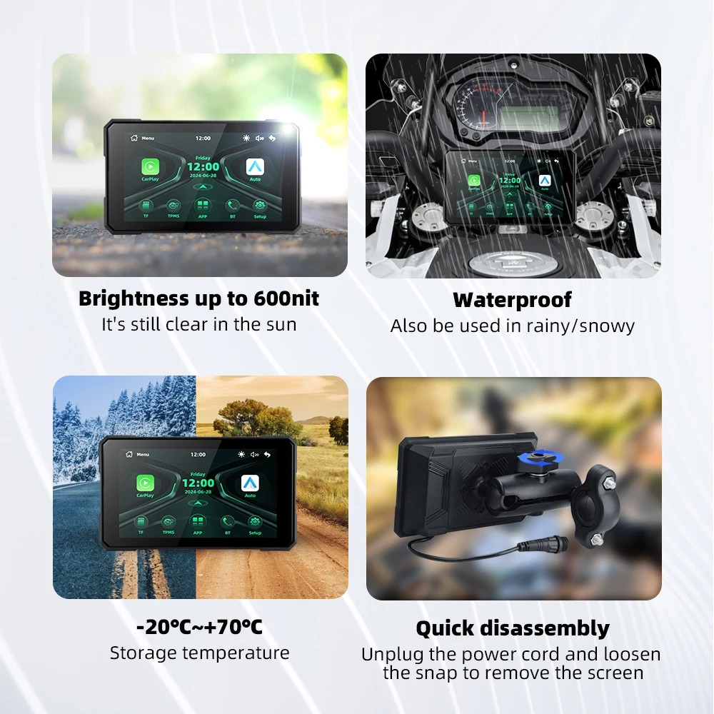 EKIY Wireless CarPlay Moto Android Auto 5.0 بوصة محمول رقمي GPS Moto Navigation شاشة عرض لوحة القيادة للدراجات النارية TPMS