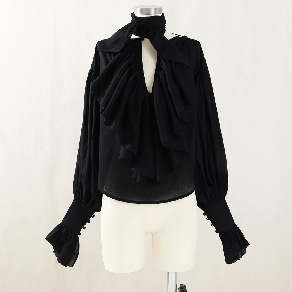 

Y2K Ruffle Cotton Women's Blouse with Bow Decoration Flared Sleeves Elegant Long Sleeve Shirt Top for Early Autumn
