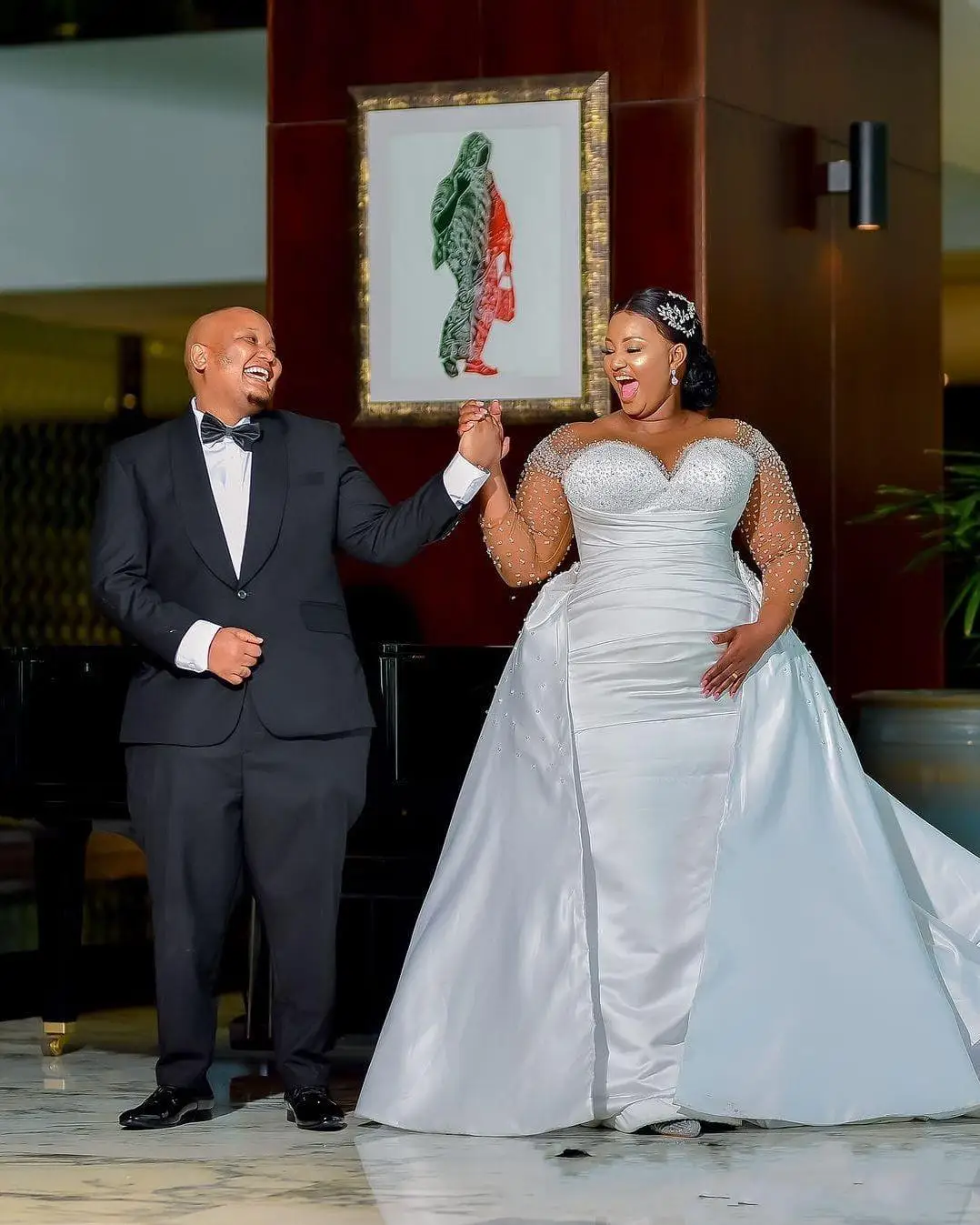 Customized AfricanHeavy  Beads Rhinestones Mermaid Plus Size Wedding Dress with Removable Skirt Satin Arabic Aso Ebi Bridal Gown