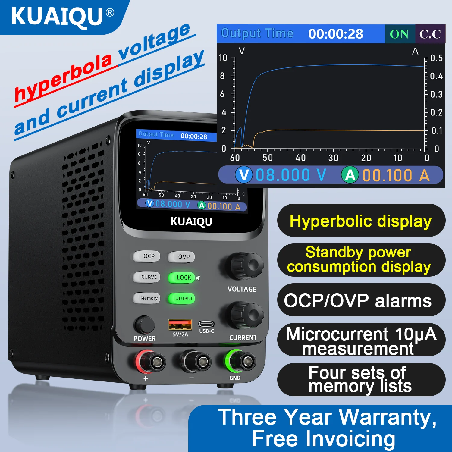 

2.8 Inch TFT 5-Dight Power Supply CURVE Memory OCP OVP LOCK OUTPUT Type-C USB-A Multi Source Short Circuit Alarm Buzzer Encoder