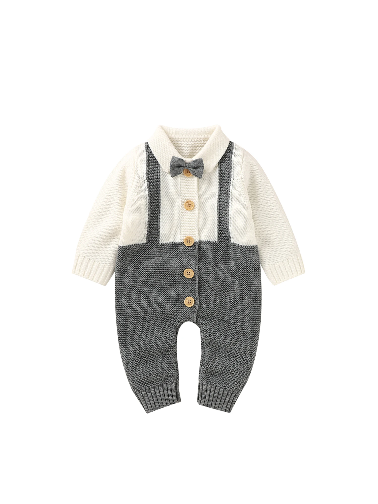 

Infant Boys Stylish Knit Overall Charcoal Grey Collared Long Sleeve Romper with Button Closure for a Casual Look