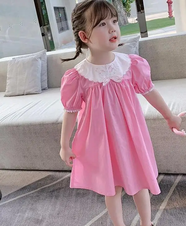 

Newly Kids Clothes Yellow Pink Flower Dress Girls Sweet Princess Short Sleeve Beautiful Dress Children's Dress