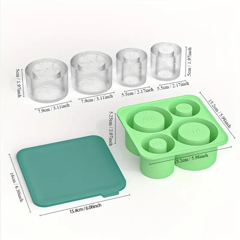 Cup shaped ice cube mold with lid, 4-grid silicone ,   reusable ice cube maker,