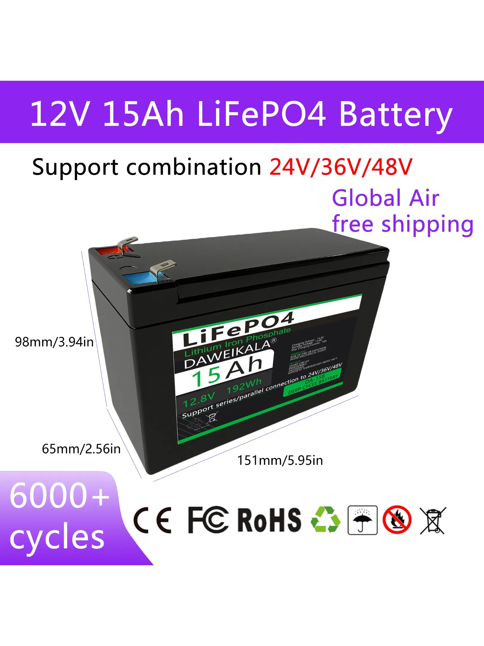Batterie LiFePO4 12V 15ah, BMS 30a intégré pour pulvérisateur, contrôle d'accès, audio, UPS, jouets pour enfants, véhicule électrique, alimentation 12V