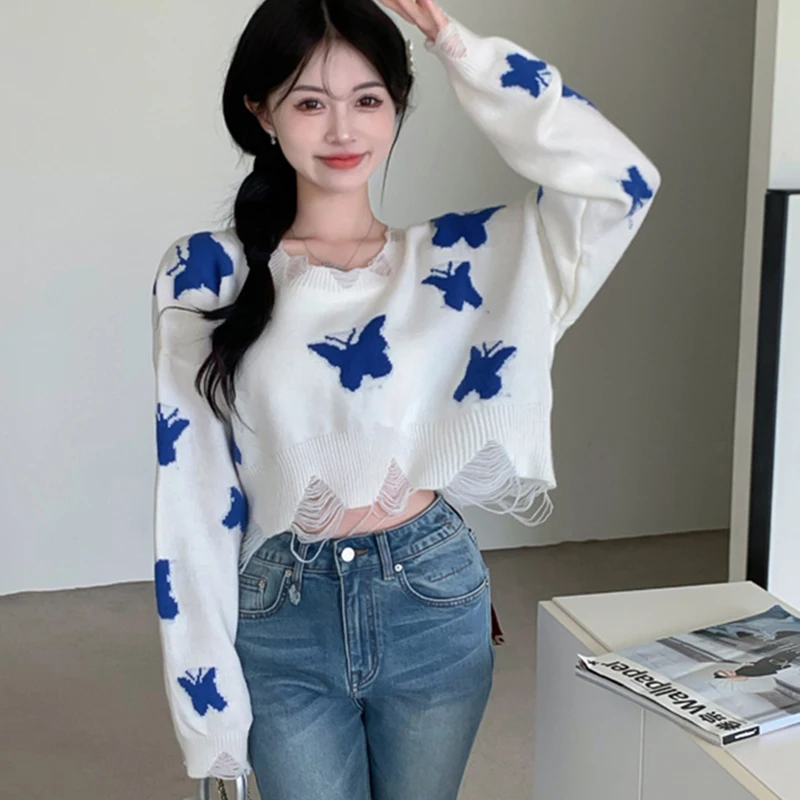 Korean Butterfly Women Sweaters Autumn Knitted Sweet Female Jumpers Harajuku Ripped New Loose Casual Ladies Crop Pullovers